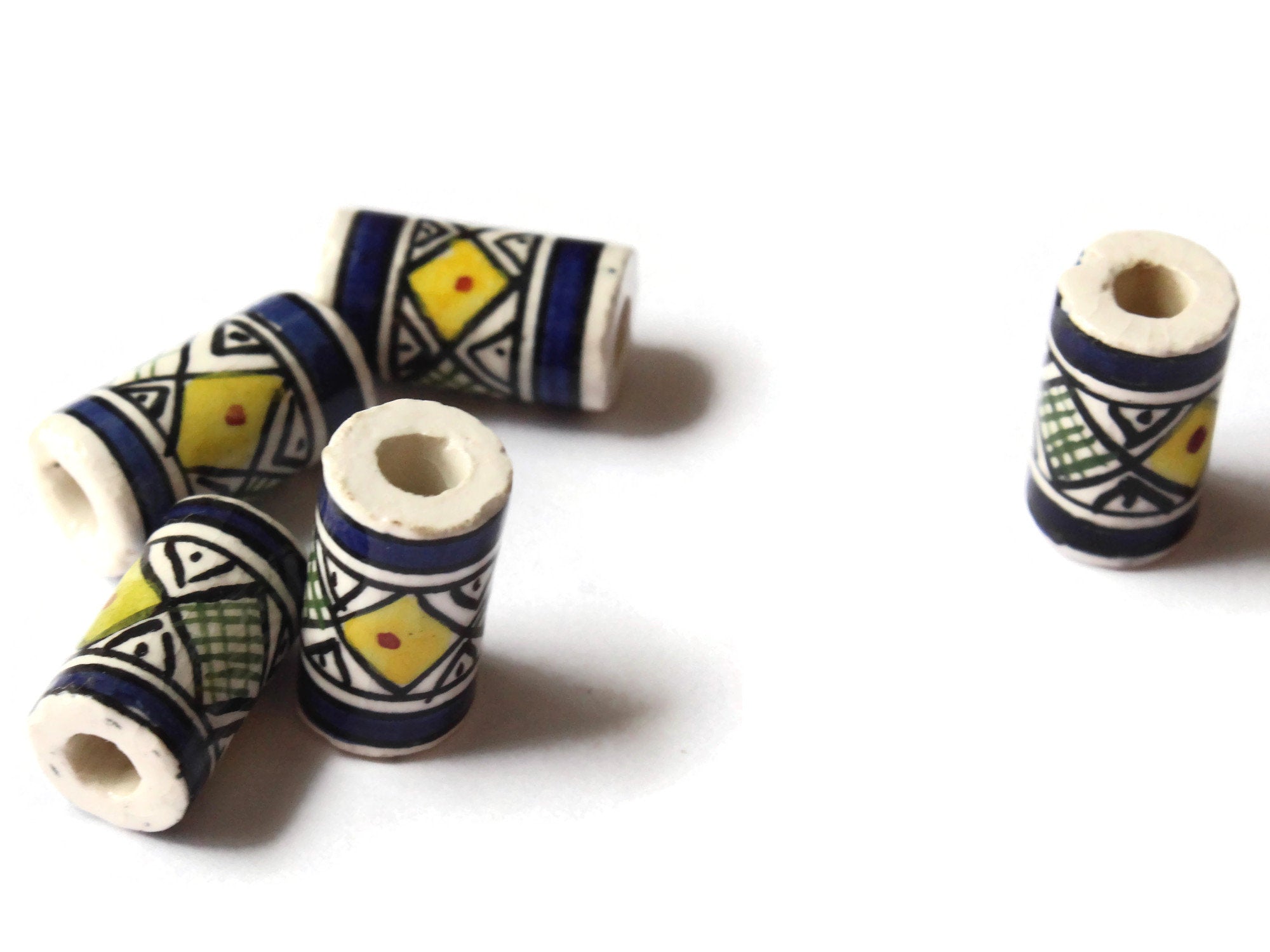 5 17mm Vintage Painted Peruvian Clay Beads - White Blue and Yellow Tube Beads by Smileyboy Beads | Michaels